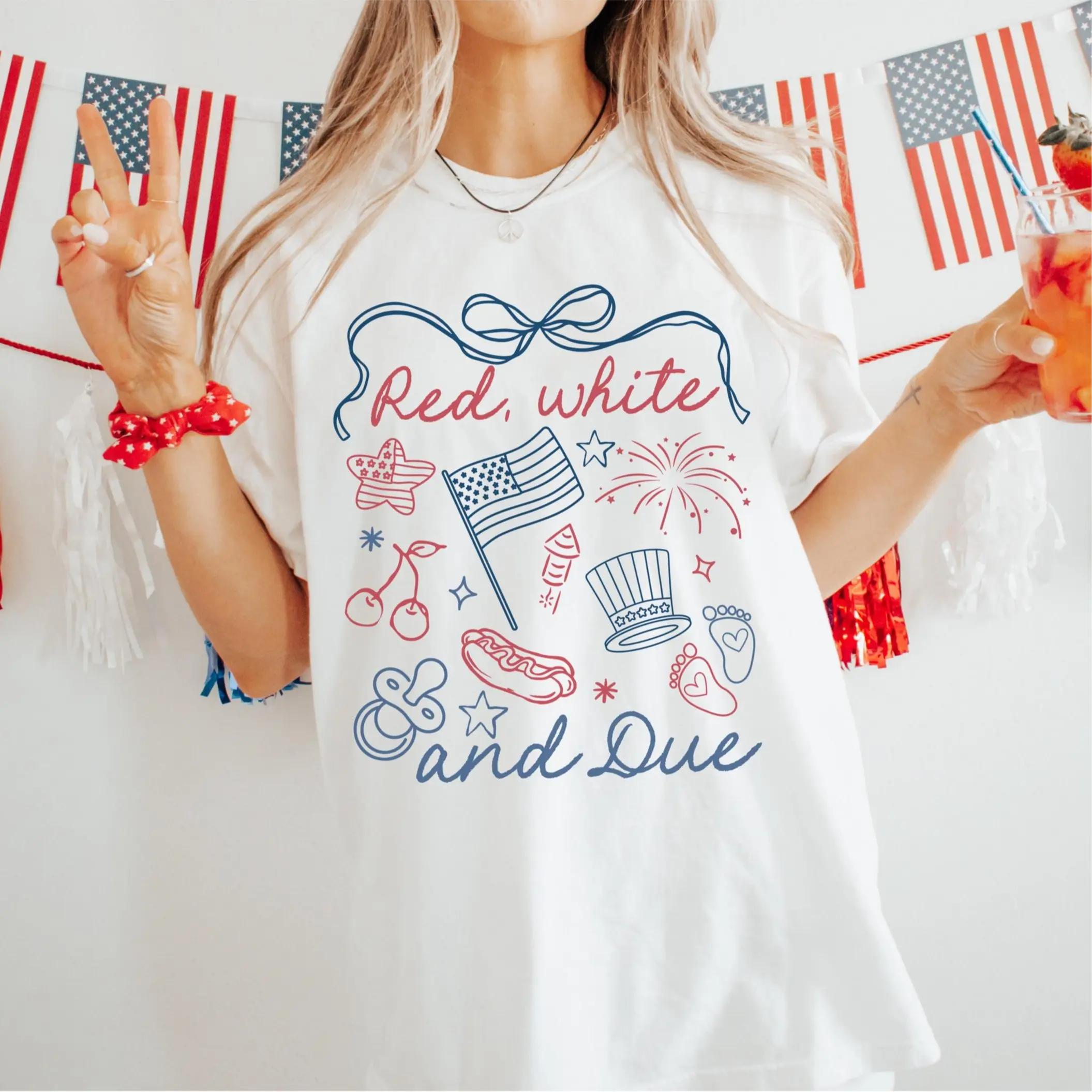 Basic Tee Club Red White & Due Pregnancy Announcement Tee 4th of July Patriotic Design Comfortable Expecting Mom Fit All Season Wear Casual Cotton