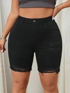 Plus Size High-Waisted Distressed Bermuda Denim Shorts with Frayed Hems for Curvy-Friendly Womenswear - Bottom