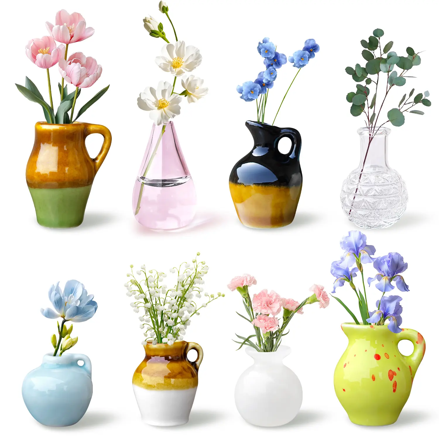 8 PCS Mini Vase Magnets, 3D Ceramic Flower Vase Fridge Magnets Cute Tiny Plant Vases for Refrigerator Accessories Kitchen Locker Office Decoration, Magnetic Vases Home Decorative Fridge Art