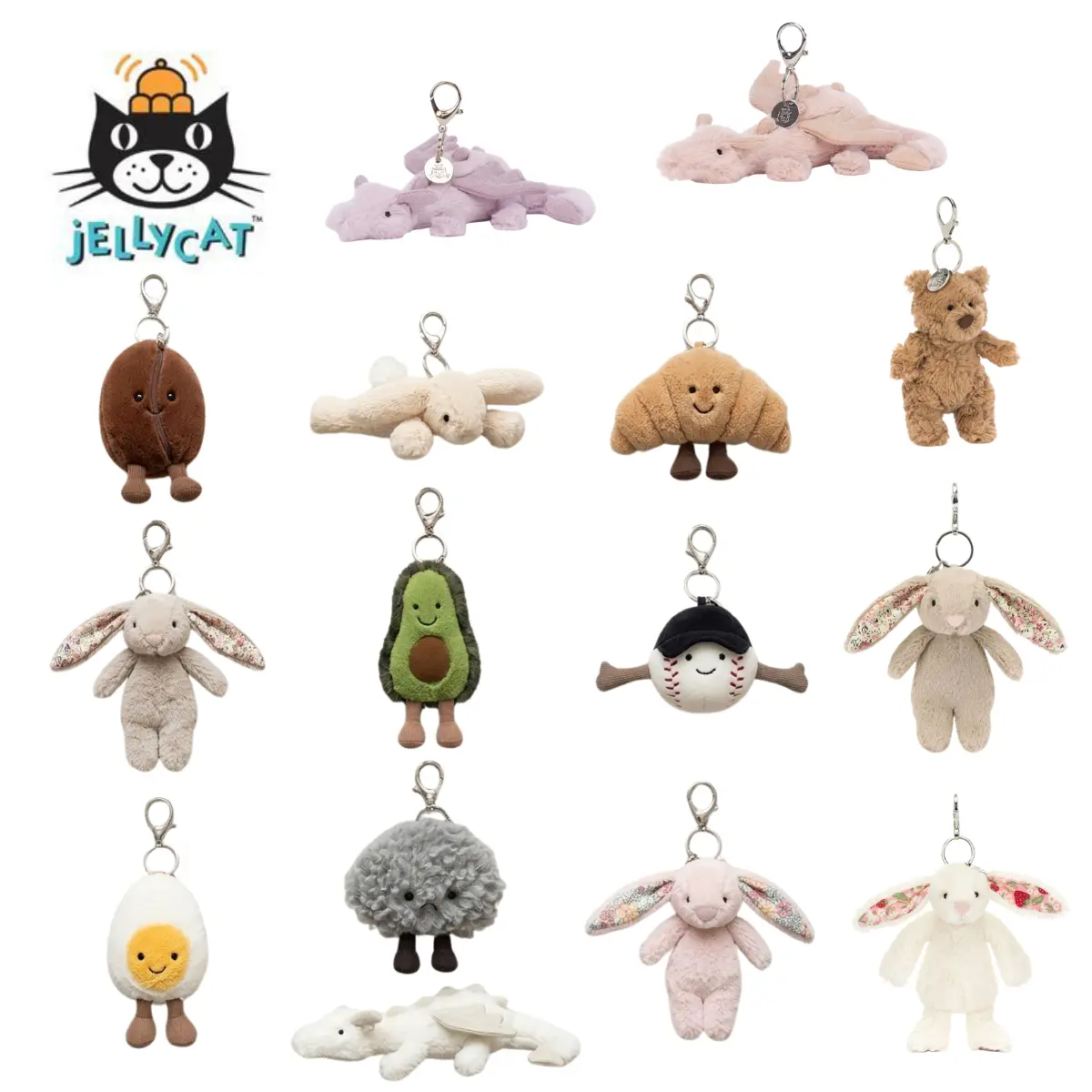"New" Jellycat Collectible Plush Keychain - Cute Animal or Food-Themed Soft Charm, Hanging Pendant for Backpacks, Car Keys Gift