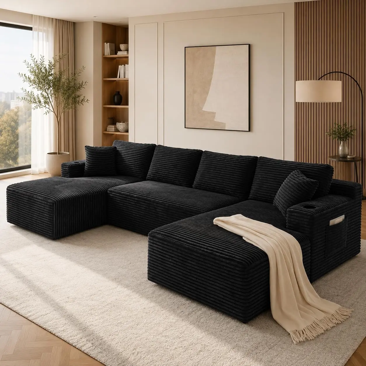 133" Cloud Sectional Sofa Couch with Chaise, U-Shape Modern Modular Couches with Deep Seating, Side Pockets and Cup holder, Upholstered Couch for Living Room/Bedroom, No Assembly Required (Plush)