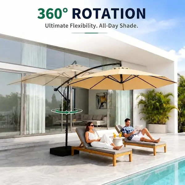 Outdoor Cantilever Patio Umbrella - 360° Rotating Offset Sun Shade with 8-Rib Metal Frame, Adjustable Tilt, 600D Oxford Canopy, Waterproof, Water Resistant, Airflow, Heavy-Duty Rustproof Aluminum Cross Base - Ideal for Garden, Poolside