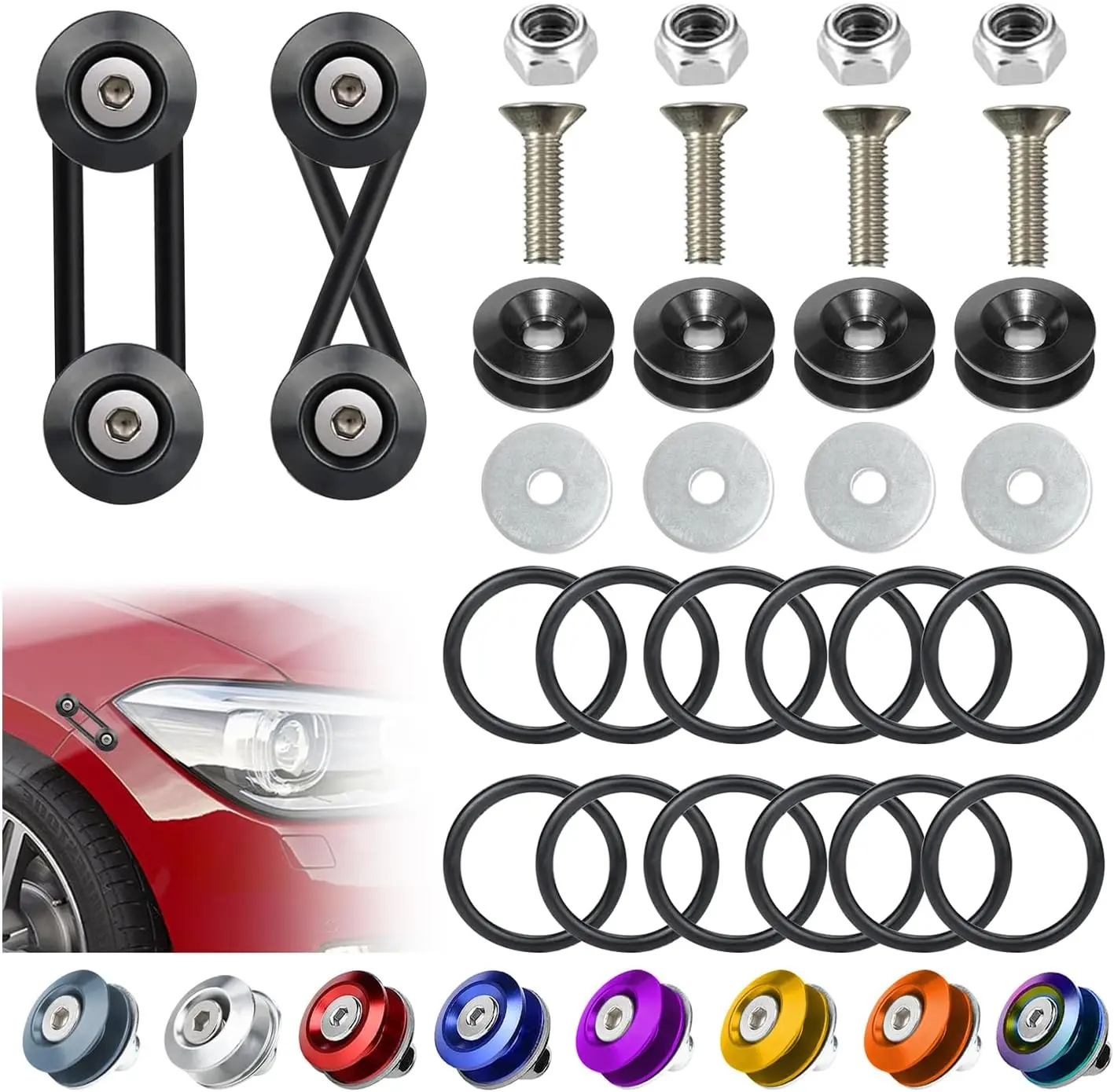 Universal Bumper Clips, Front Rear Bumper Quick Release Kit, Bumper Holders for Cars (4 Black Bumper Quick Release Tabs and 12 Customized O-Rings)