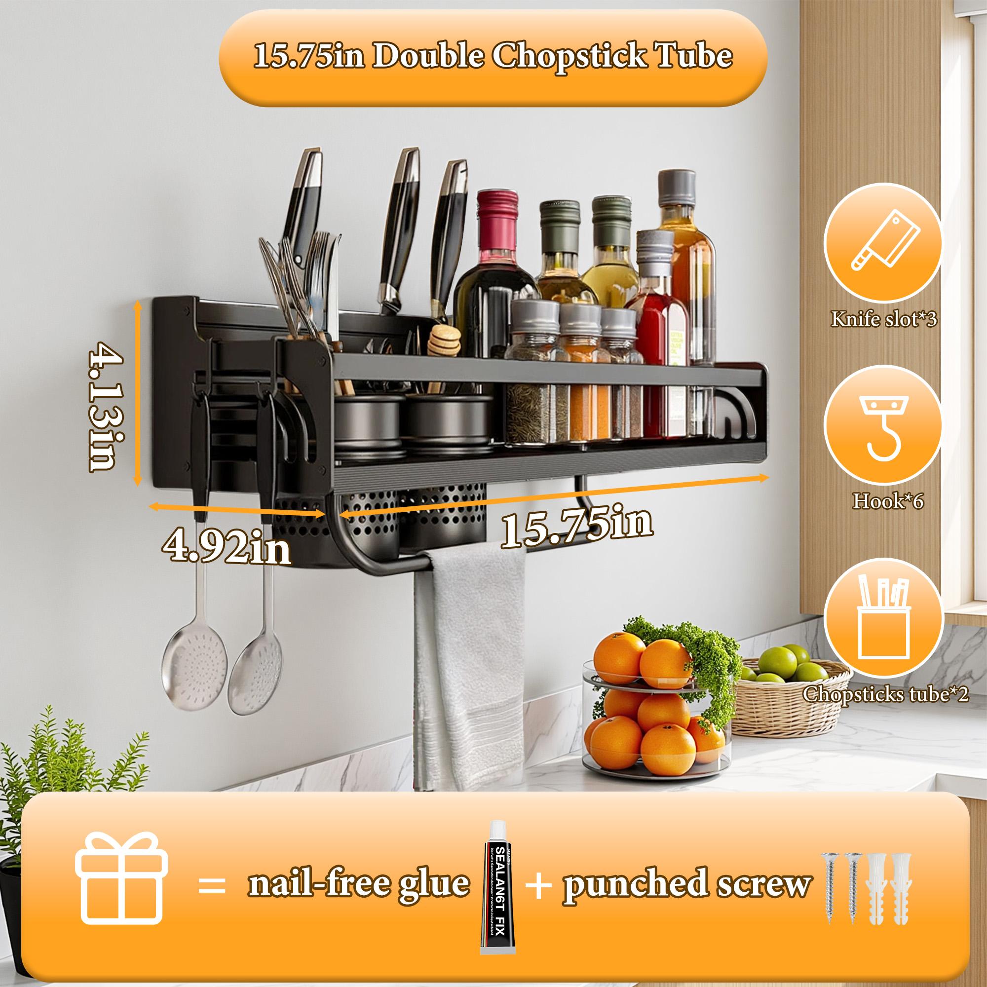 Bepatio Space Saving Wall-Mounted Kitchen Spice Rack – No-Drill Carbon Steel Shelf with Hooks for Utensils, Lids, and Seasoning Jars