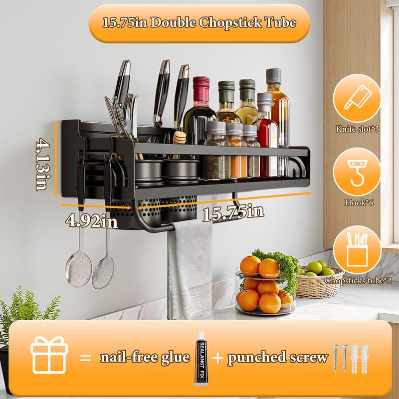 Bepatio Space Saving Wall-Mounted Kitchen Spice Rack – No-Drill Carbon Steel Shelf with Hooks for Utensils, Lids, and Seasoning Jars