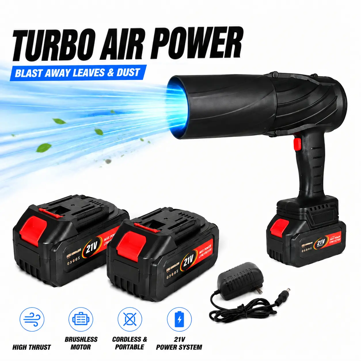 Cordless Leaf Blower, Handheld Battery Powered Blower with 2 Batteries and Charger, 21V Lightweight Blower with Extended Nozzle for Lawn, Yard, Patio, Garage, Leaves, Dust and Car Cleaning