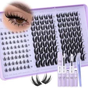 Lash Clusters Kit Bunny Manga Eyelash Clusters Kit with Tweezers & White Lash Glue 10-18mm Wispy Cluster Eyelash Extensions Kit 5-7mm Fairy Bottom Lashes for Baddie Look