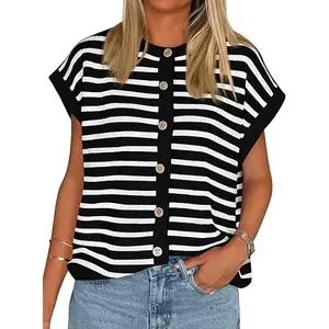Cicy Bell Womens Striped Cap Sleeve Sweater Vest Crew Neck Button Down Cardigan Ultra Soft Breathable Knit Tops