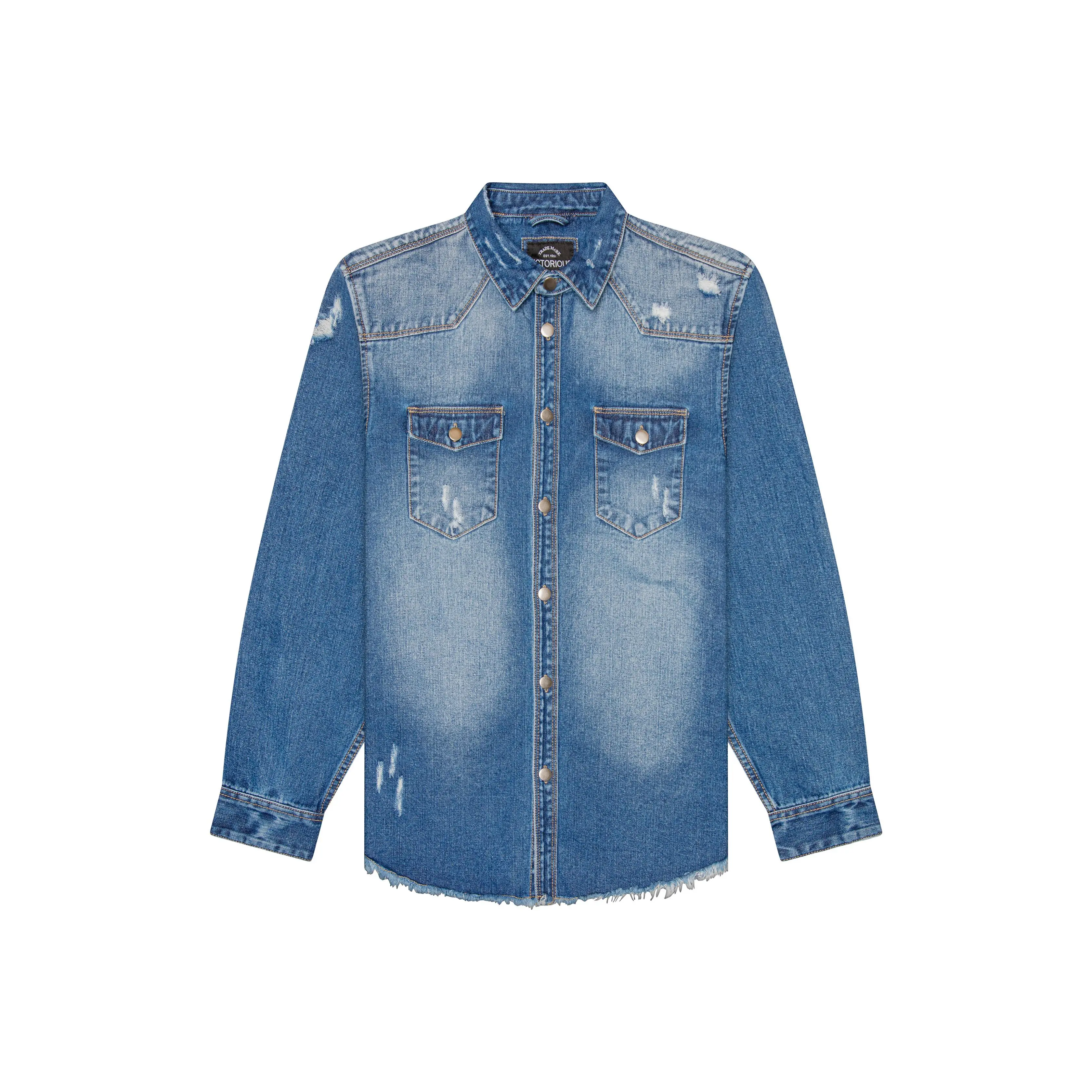 VICTORIOUS Distressed Denim Shirt – Heavyweight Button-Up with Pockets