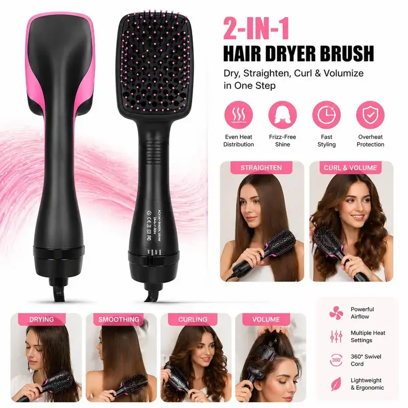 Hot Air Brush, 2-in-1 Hair Dryer and Volumizing Styler, Anti-Frizz Straightener for Daily Styling and Soft Curls with Lightweight Handle, Beauty Products, Hair Transformation, Natural Curls, Curly Styling Hair Brushes & Combs