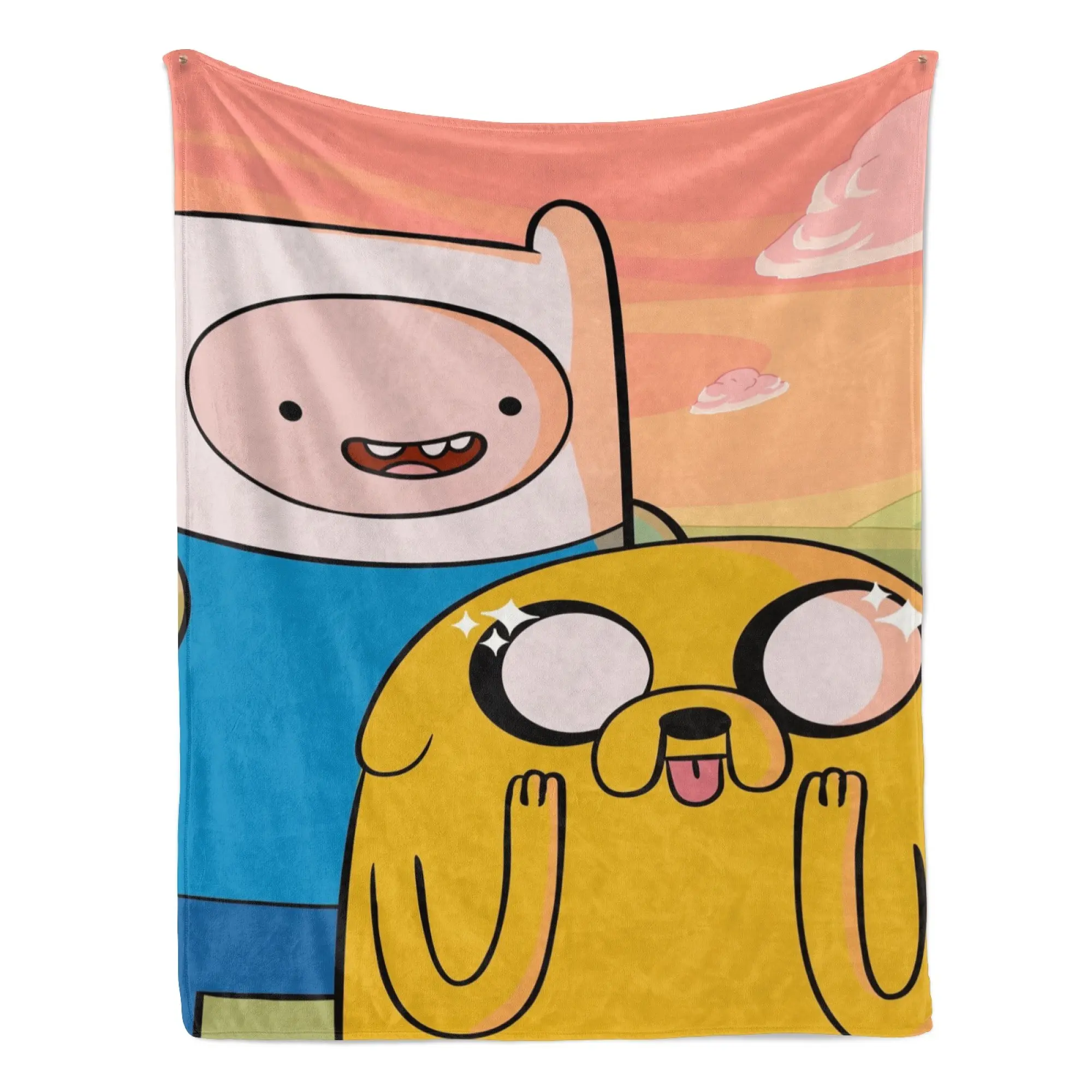 Adventure Time Finn & Jake Dreamy Sunset Flannel Fleece Blanket – Vibrant gradient backdrop with a cheerful portrait of Finn and a starry-eyed Jake, perfect for cozy cartoon marathons and fans of the beloved whimsical series