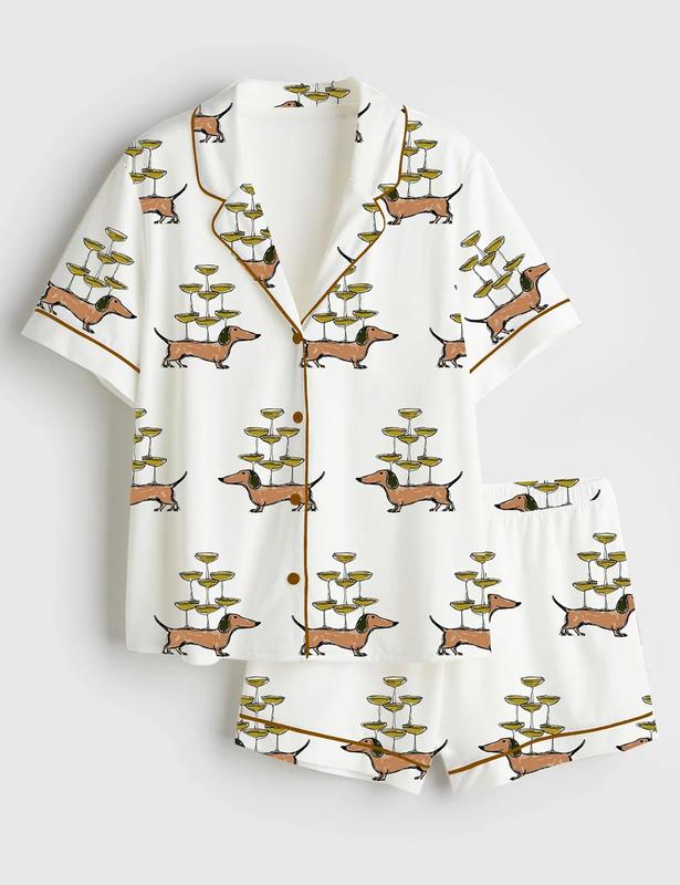 Women’s Dachshund Champagne Short Sleeve Satin Pajama Set