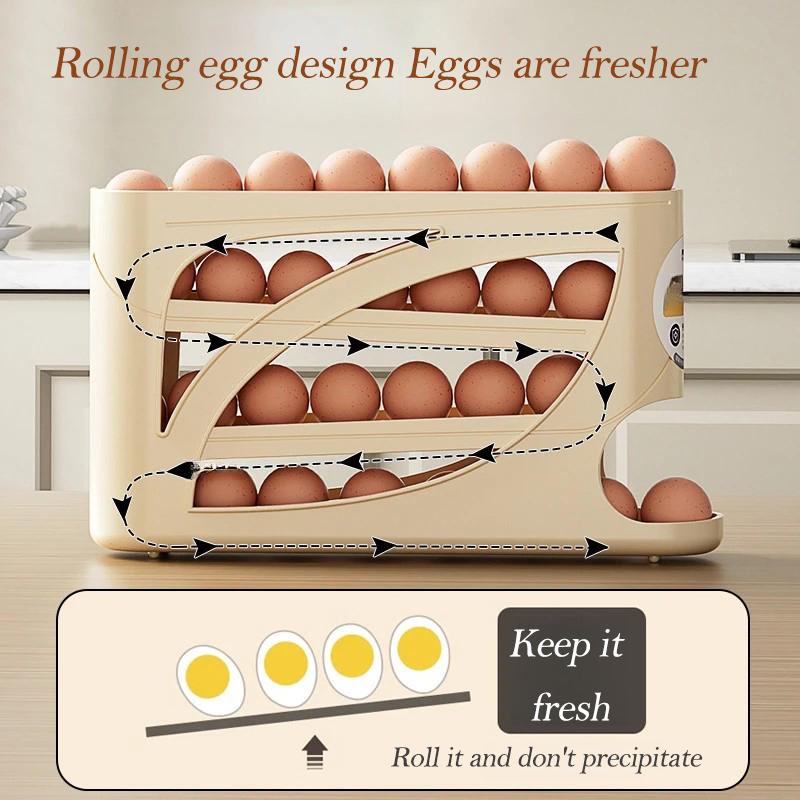Automatic Rolling Egg Dispenser Organizer for Refrigerator, 4-Tier Space-Saving Egg Holder Tray, Holds 28 Eggs, Durable Plastic Egg Storage Rack for Fridge, Counter, Kitchen Cabinet
