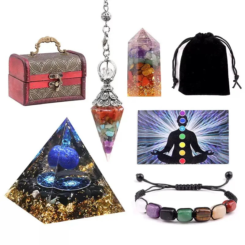 Genuine Stone 4-in-1 Chakra Healing Crystals Set - Meditation Spiritual High Vibration Kit with Natural Bracelet, 7-Chakra Tower, Lapis Lazuli Pyramid, Pendulum in Wooden Chest for Wellness Therapy