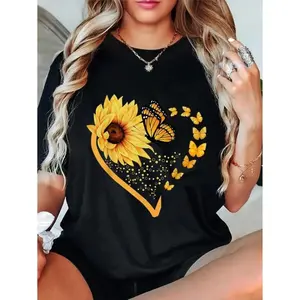 100% Cotton Sunflower Butterfly Heart Summer Floral Women T-Shirt