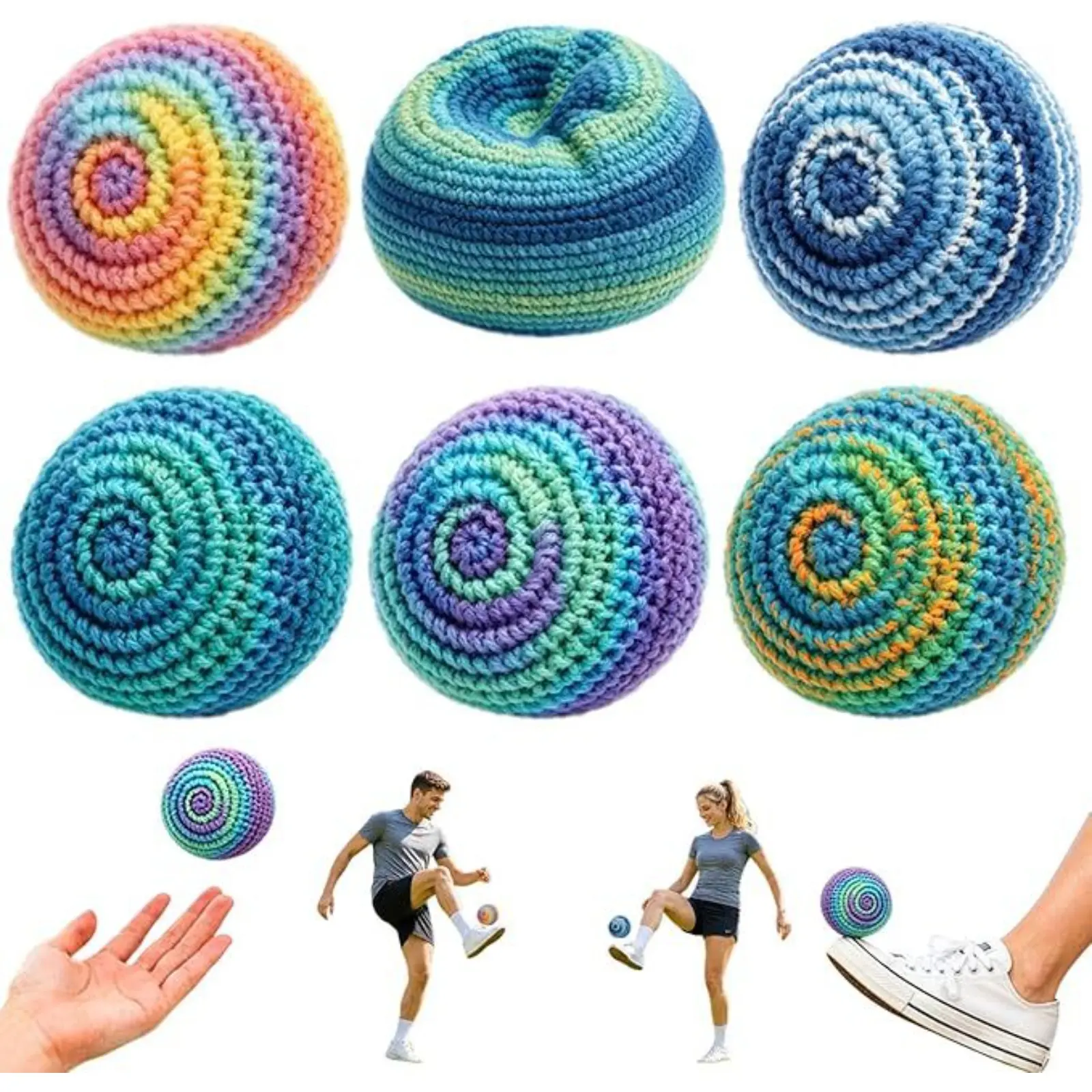 6PCS Unisex Spiral Crochet Hacky Sack Footbag Set - Handmade Craft Knit Yarn Gradient Kick Balls, Soft Durable Outdoor Toys for Party, Travel, Stress Relief (For Kids & Adults), Juggling