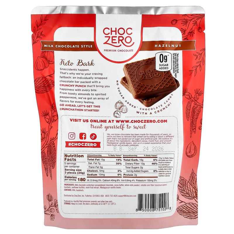 ChocZero Keto Bark, Milk Chocolate, Hazelnut, 15 Mini Bars, 6 oz (170 g)