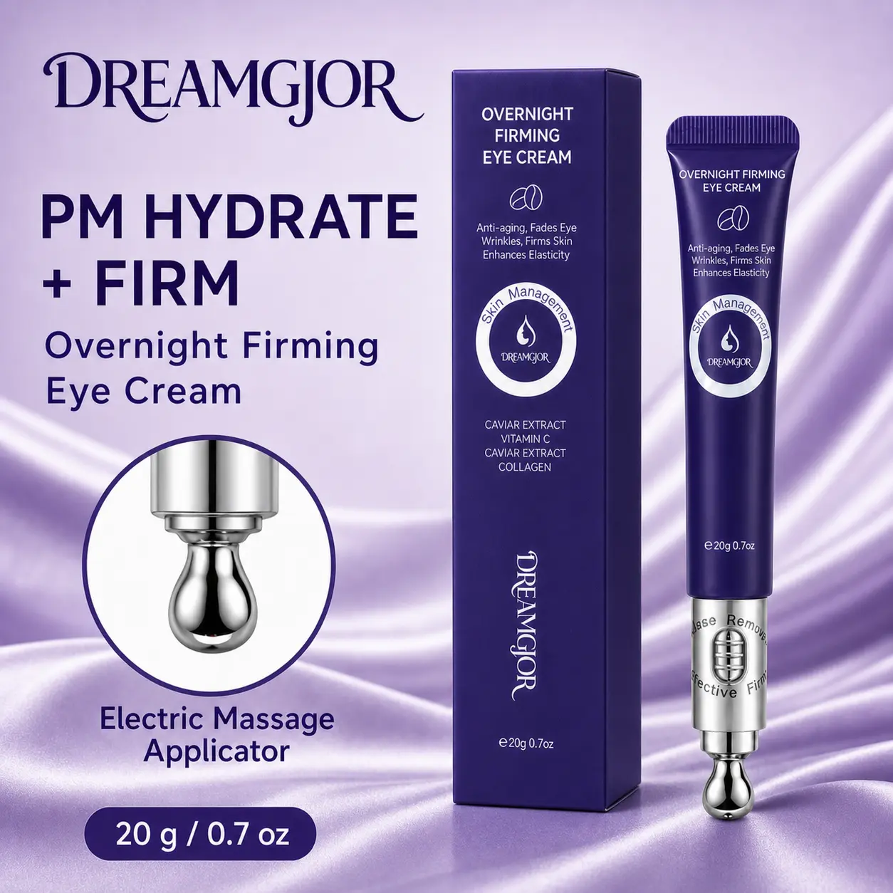DREAMGJOR PM Overnight Firming Eye Cream with Electric Massage Applicator, Fragrance-Free, 0.7 oz, for Sensitive & All Skin Types, Targets Dryness, Fine Lines, Brightens, Cleanses, Contains Bosein & Nicotinamide, Night Routine Single Item