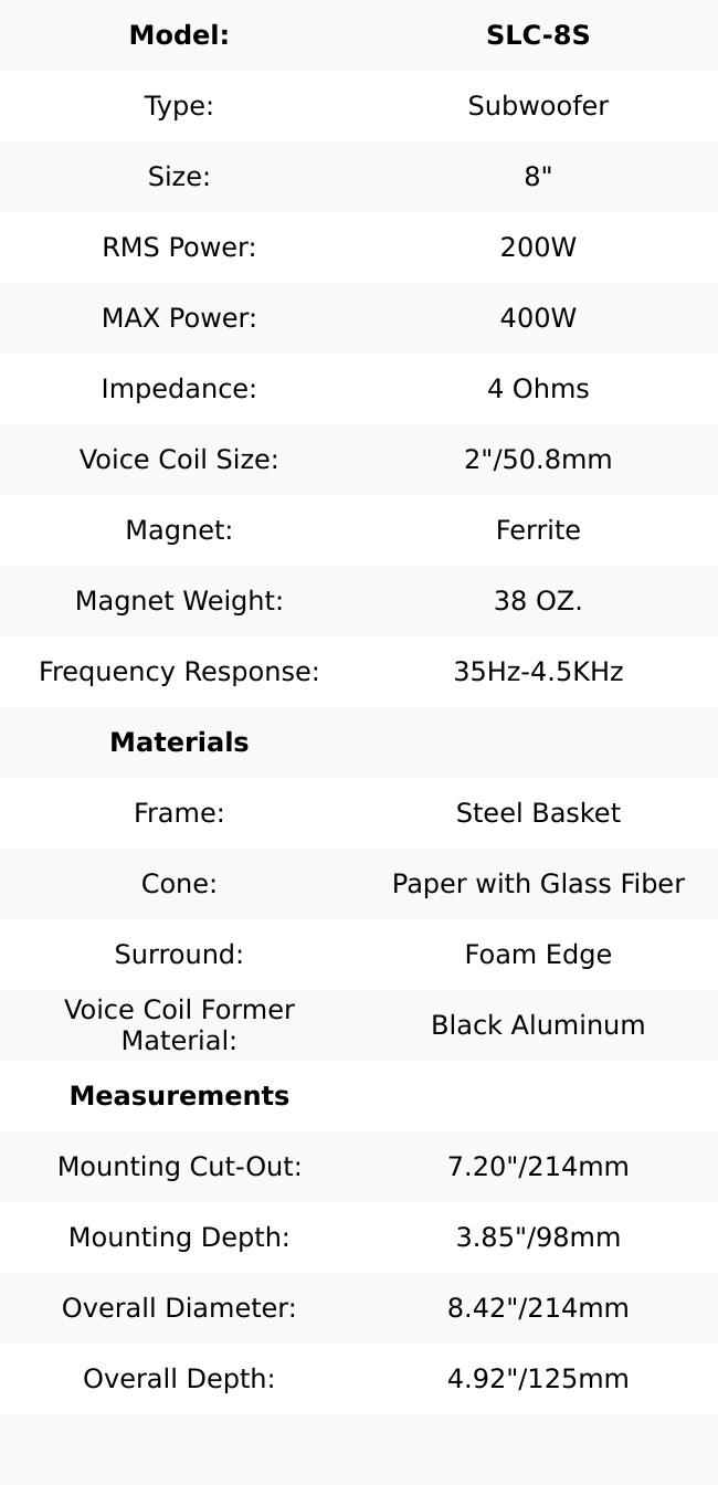 SELECT 8" Subwoofer 200 Watts Rms SVC 4-Ohm