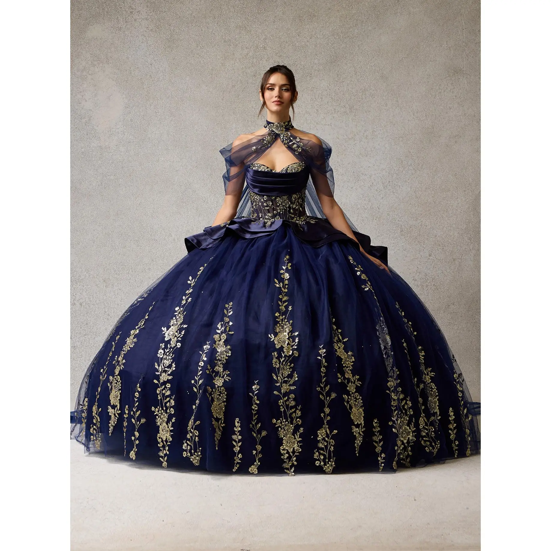 Navy Blue and Gold Ball Gown Prom Dress with Cape – Luxury Glitter Embroidered Princess Quinceañera Gown