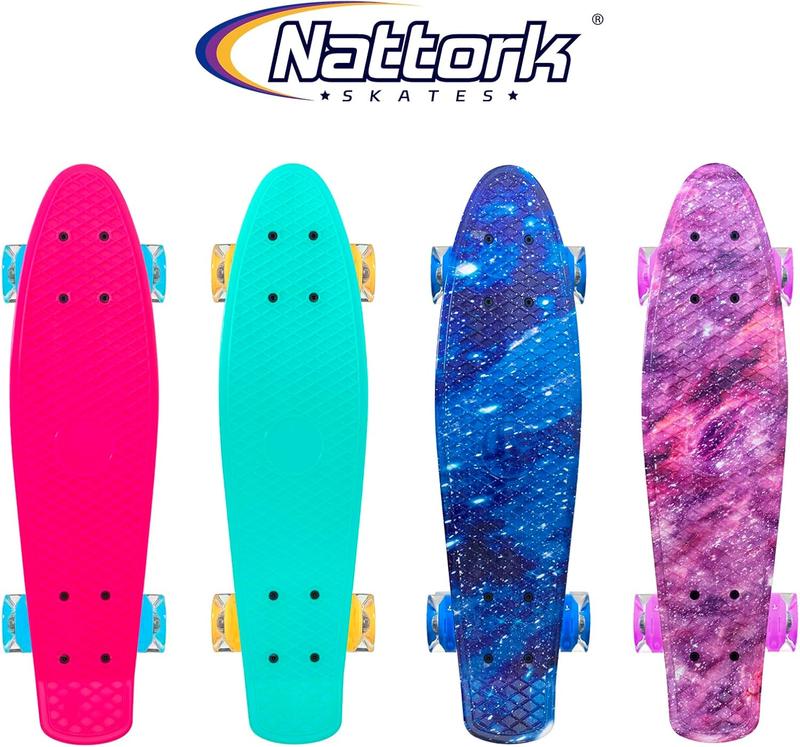 Nattork Skateboards 22 Inch Mini Cruiser Skateboard Complete Retro Skate Boards with Colorful Light Up Wheels for Kids Girls Boys Beginners Beginner's Maple Skateboard
