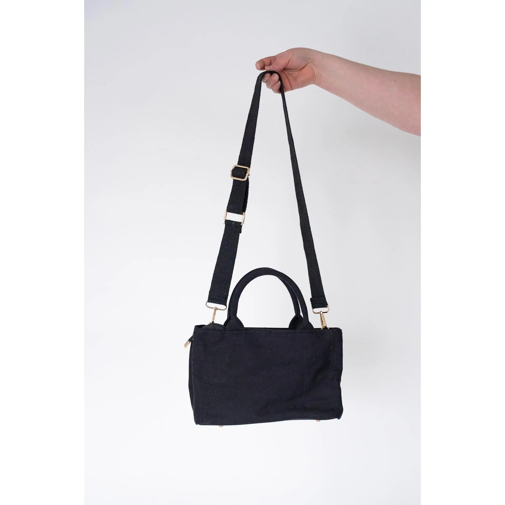 Women's Solid Medium Black Canvas Tote Bag - Adjustable Crossbody Bag, Casual Style, Double Handles, Minimalist Design, Multi-Functional, Zipper Closure, Side Snaps, Top Handle, Plain