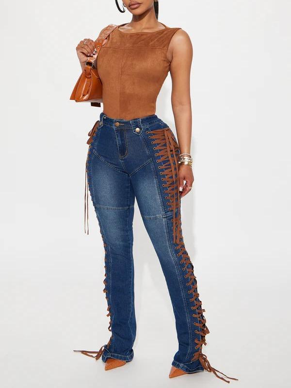 Jaw Dropper Stretch Lace Up Bootcut Jeans - Dark Wash