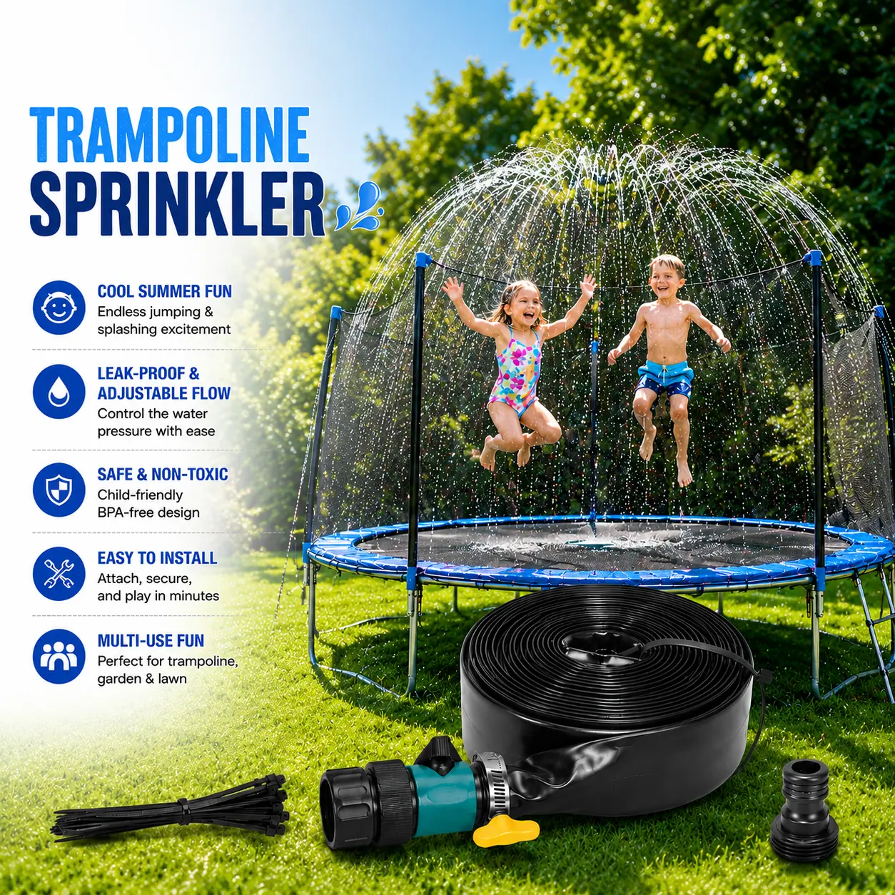 12M/39Ft Kids Trampoline Sprinkler with Cable Ties, Adjustable Water Flow Leak-Proof Tap Toy, Backyard Cooling Trampolines Game Hose for Outdoor Garden Watering & Birthday Parties-2314, Water Tap, Easy To Install, Leakproof, Group Water Activities