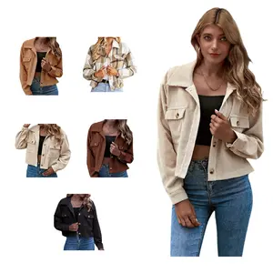 Women's Fashion Cropped Shacket Button Down Corduroy Shacket Jackets Casual Plaid Long Sleeve Crop Jackets Tops