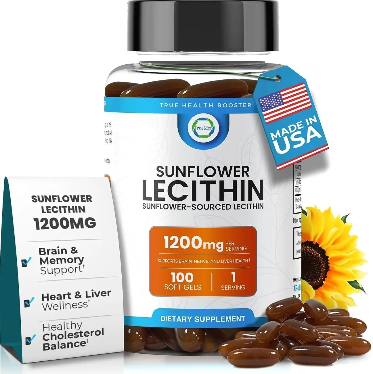 TRUEMED Organic Sunflower Lecithin 1200mg – Soy-Free Lecithin Supplement for Brain, Heart, Nerve & Liver Support, Cognitive Health, Non-GMO – 100 Softgels (Made in USA)