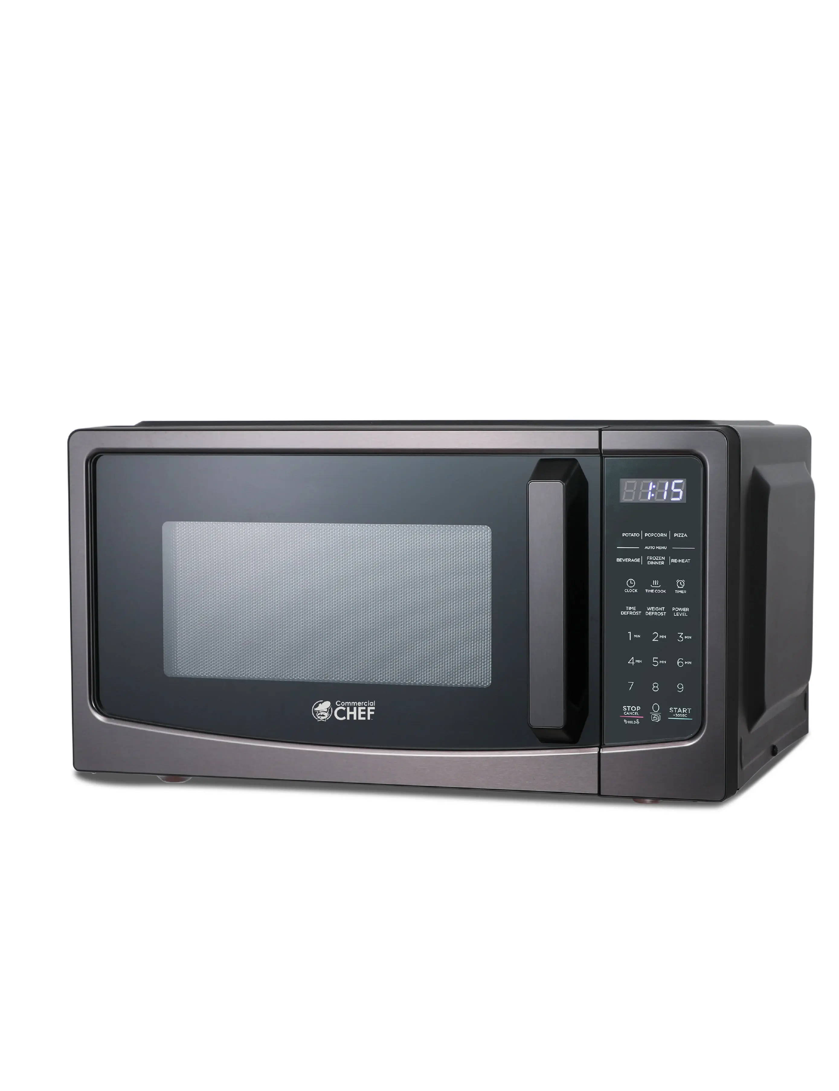 Commercial Chef 1.1 Cu. Ft. Countertop Microwave Oven - 1000W (1000 to 1099 W), Touch Controls with LED Display, 12.4” Turntable, Pull Handle, 10 Power Levels, Child Lock, Quick Cook, Bisphenol A (BPA)-Free, Model CHM11GBS, Black with Stainless Steel, Min