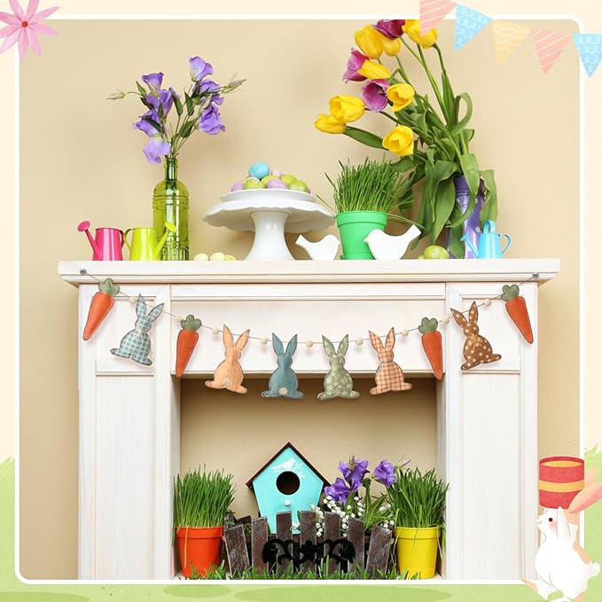 Easter Bunny Garland Banner with Wood Beads for Easter Decor, Rustic Rabbits Hanging Garland for Mantle Fireplace Shelf Wall Display Spring Home Decor, Shamrock Garland for St. Patrick's Day Luck Of The Irish Green Decor, Indoor Party Supplies & Gifts
