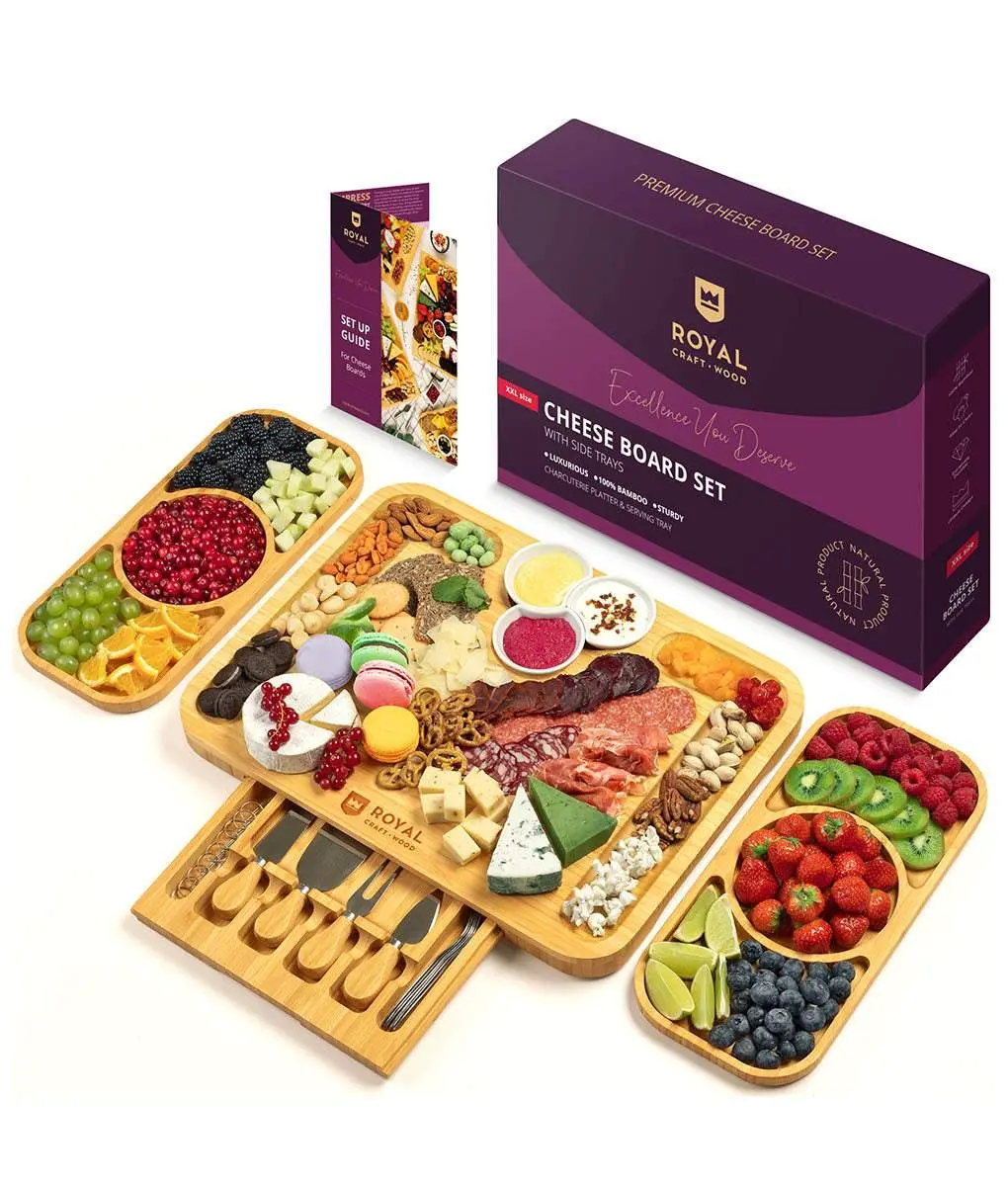 Royal Craft Wood Large Bamboo Cheese Board and Knife Set, Wooden Charcuterie Board Kitchenware Serving Plate & Appetizer Plates Sturdy Side Trays, Ceramic Bowls & Cutlery Utensils & Glossy Tableware - Party Board For Charcuterie Ideas