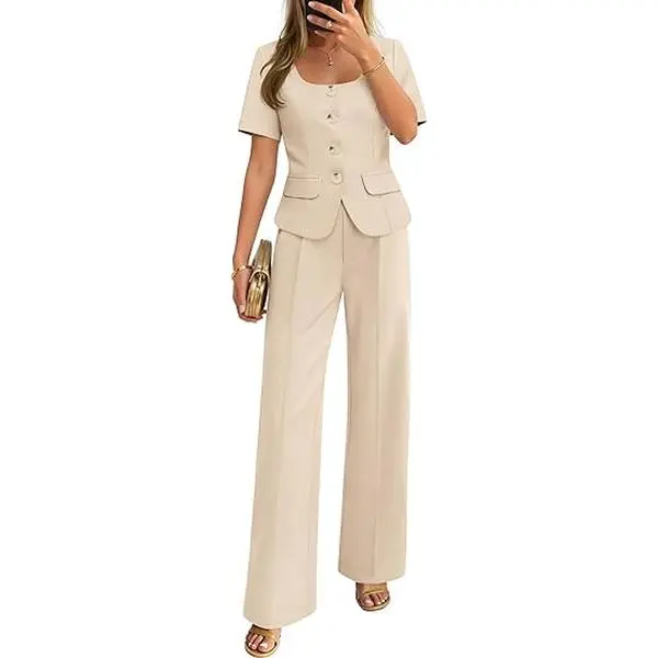 ZESICA Women's Summer Two Pieces Suits Set 2026 Short Sleeve Blazer Wide Leg Pants Business Casual Outfits Sets
