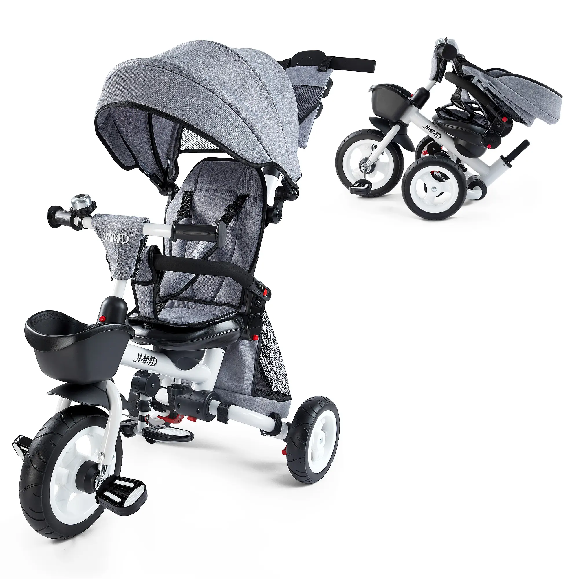 JMMD 7-in-1 Folding Toddler 3-Wheel Bike (18 Months-5 Years) - Metal Frame Traveling Stroller with Adjustable Handle, Safety Harness, Wheel Brakes, Removable Canopy, Storage, Parent Handle (Grey Ride-on Toy Gift), 3-Wheel Bikes