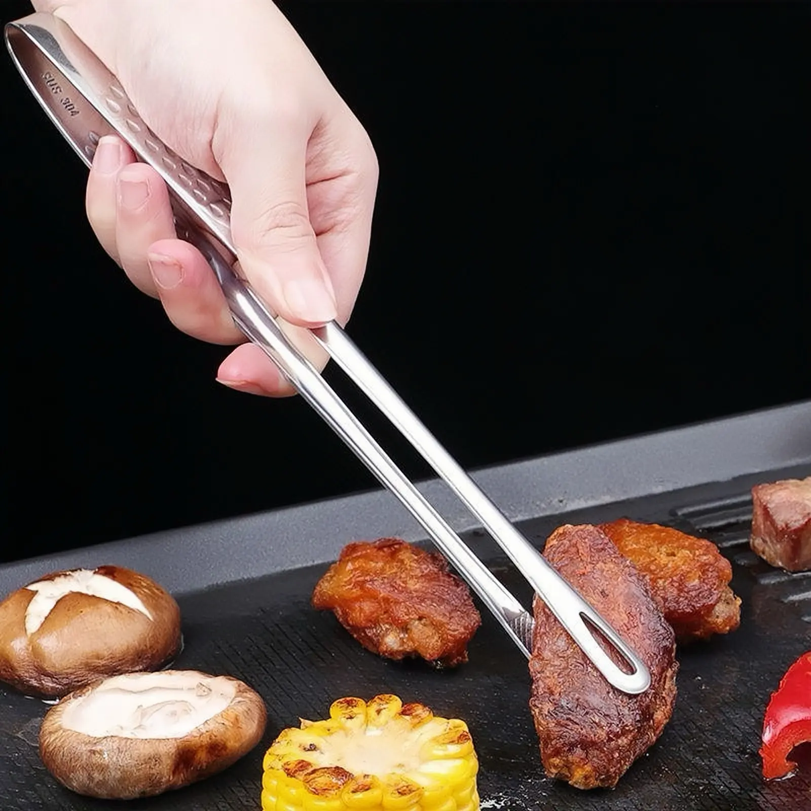 [Buy One, Get One Free] Stainless Steel Cooking Tongs (11-inch) with Bonus 9.4-inch Stainless Steel BBQ Tongs — Sturdy, Rust-Resistant, and Lightweight; Ideal Kitchen Tools for Indoor Use and Outdoor Camping