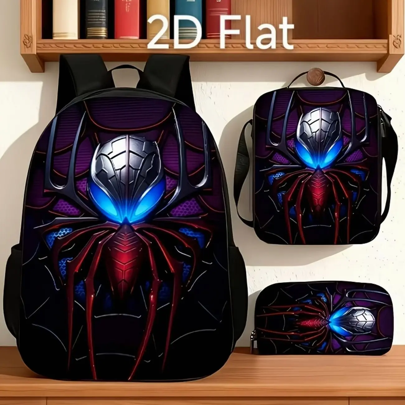 3-Piece Spider Backpack Set for Teens, Red Blue School Bookbag with Crossbody Bag & Pencil Case, Large Capacity