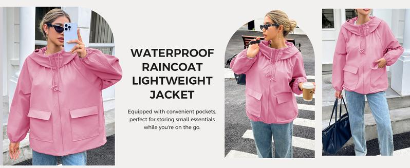 Fisoew Women's Oversized Lightweight Jacket Hooded Trench Coat Windbreaker Waterproof Raincoat With Pockets For Outdoor Casual Adjustable Drawstring Waist & Turtle Neck Convertible Hood Check Chic FallFreshness Womenswear Fit polyester trench coat