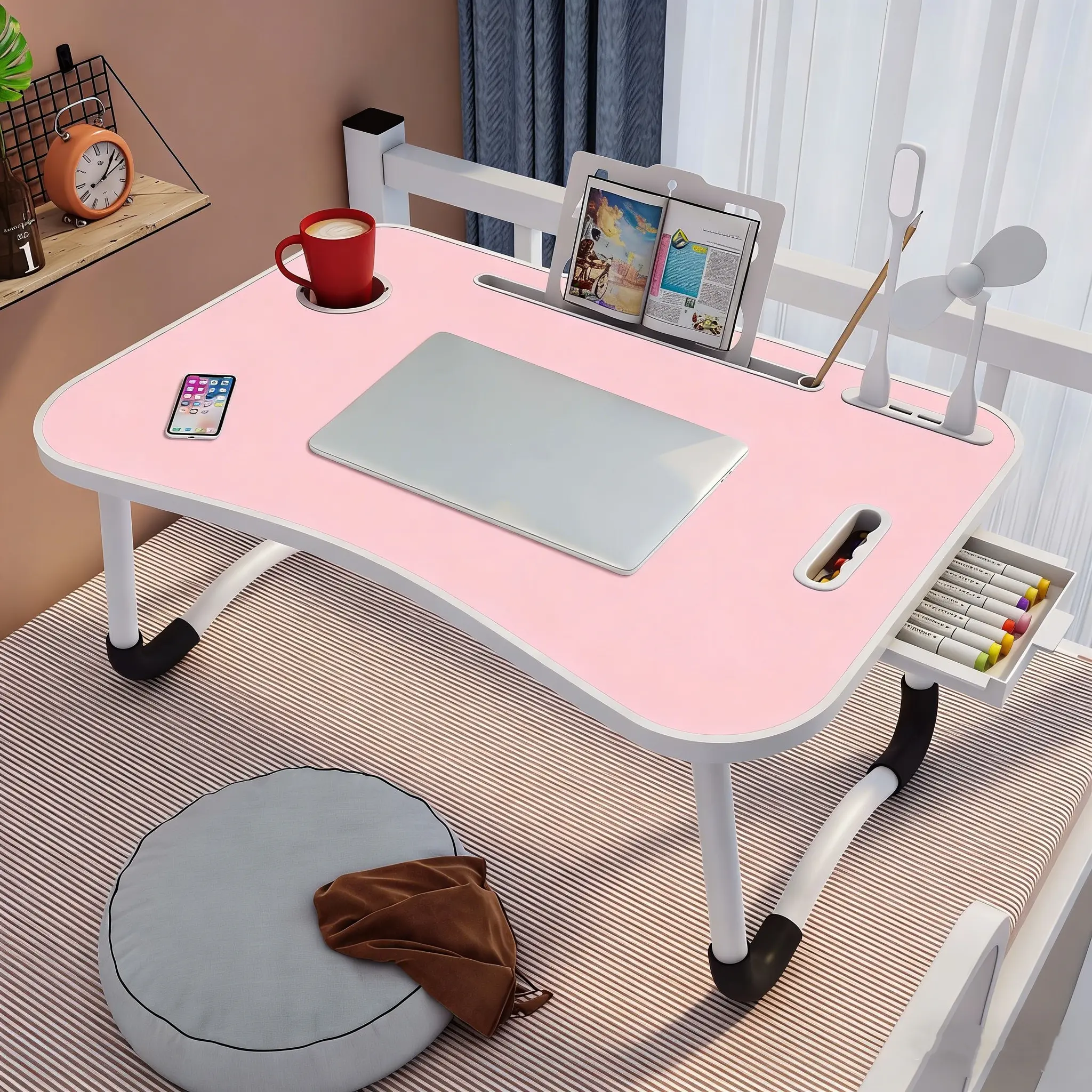 Modern Foldable Home Office Desk - Computer Desk, Portable Foldable Table Furniture, 1-Second Open, No Assembly, Laptop Stand with Storage, Upgraded Protective Packaging for Remote Work