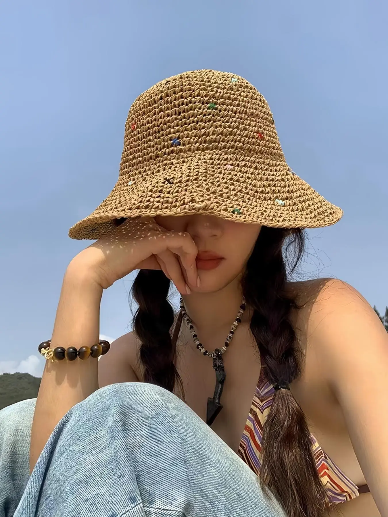 Women's Colorful Dot Hollow Raffia Wide Brim Fisherman Hat, Adjustable Sun Protection Beach Hat, Casual Vacation Seaside Fashion Accessory, Stylish Hat