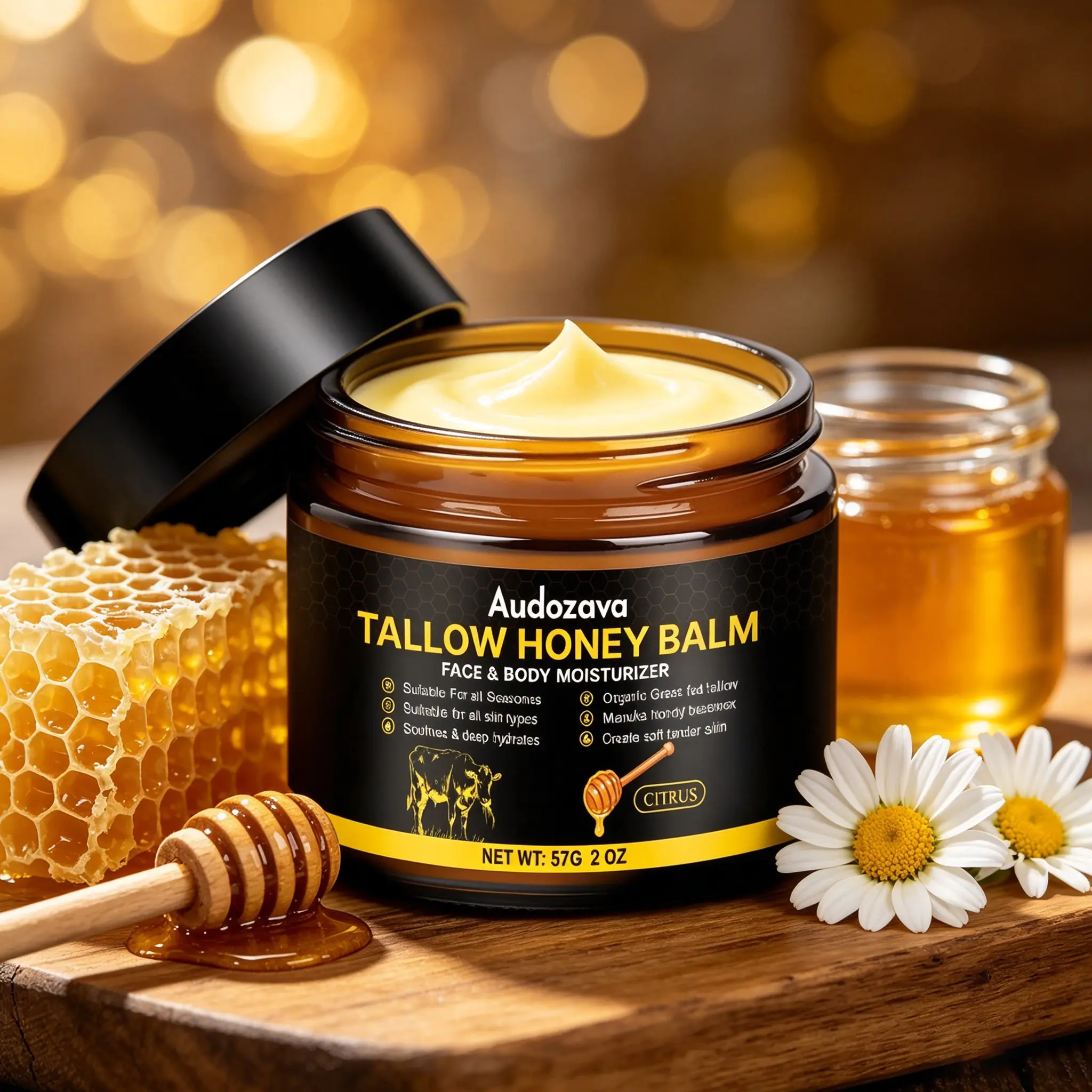 Organic Beef Tallow Skin Balm, Hydrating Face & Body Moisturizer with Raw Wild Honey & Beeswax, Natural Formula, Gentle for All Skin Types Body & Face Moisturizer, Natural Formula, Light Scent, Normal, All Natural Body Care