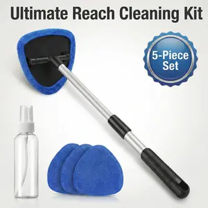 Veda 5-Piece Set Telescopic Windshield Cleaner Tool Kit | Extendable Triangle Glass Wiper with 3 Microfiber Pads & Spray Bottle