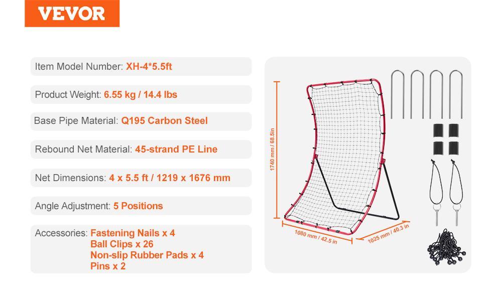VEVOR Baseball And Softball Rebounder Net,  4 x 5.5 ft PitchBack Baseball Pitching Nest, Pitch Return Trainer Rebound Net with Pitching Target, All Angle Fielding Rebound Net for Grounders Pop Flies