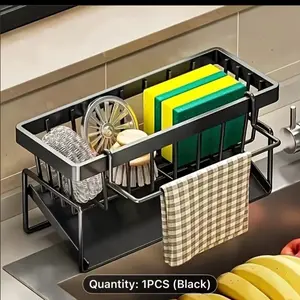 Heavy-Duty Metal Kitchen Sink Organizer with Self-Draining Rack - Heavy-Bearing Sink Tray Suitable for Dish Soap, Sponges, Brushes, Space-Saving Countertop Storage Rack with Drainage System, Compatible with Most Sinks