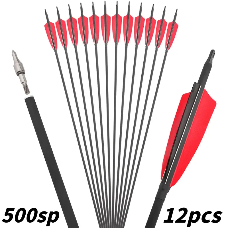 12pcs mixed carbon arrow 500sp id 6.2mm od7.8 mm with arrow target head outdoor sporting goods light and durable arrow indoor and outdoor archery practice composite bow recurve bow arrow arrow accessories