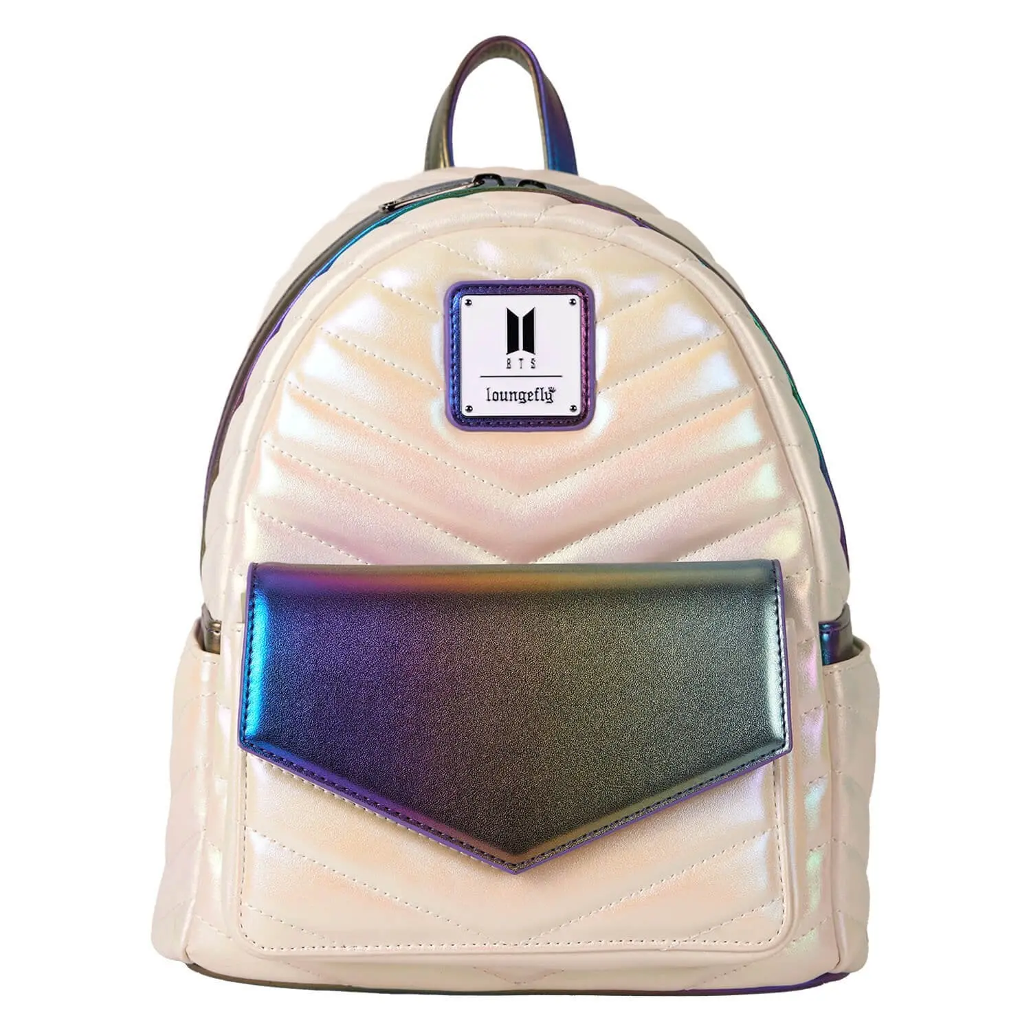Loungefly BTS Funko Pop! Iridescent Quilted Faux Leather Mini Backpack, Casual Small Backpack Purse for Fans, Casual Printed Backpack