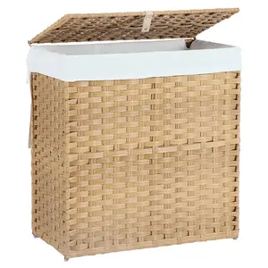 Foldable Wicker Laundry Hamper Basket with Lid and Removable Washable Liner Bag, Handwoven PP Rattan Dirty Clothes Hamper with Long Handles and Steel Frame for Bathroom Bedroom Laundry Room