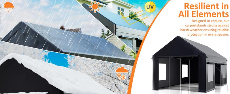 12x20ft Heavy-Duty Waterproof Carport Canopy with Reinforced Base & Side-Access Door, Portable Outdoor Garage for Trucks, Boats, and Cars