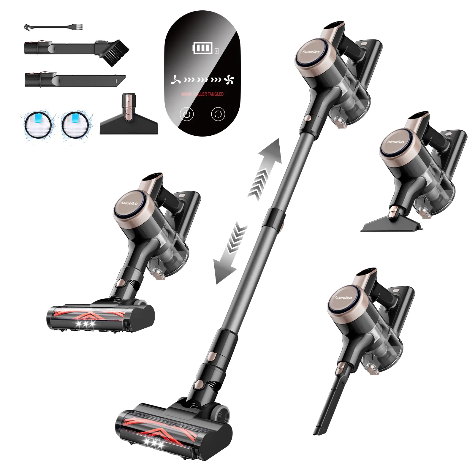 Homeika Cordless Vacuum Cleaner-H318, 300W 23KPa Lightweight Stick Vacuum with 48mins Runtime Battery, 3 Suction, LED Display, Powerful Vacuum Cleaner with Sofa Brush for Hard Floor/Carpet/Pet Hair/Car