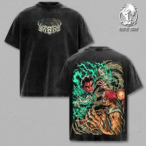 Gaara vs Rock Lee Vintage Washed Oversized T-Shirt – NRT Double Printed Anime Graphic Tee, Chunin Exam Battle Shirt, Heavyweight Cotton Unisex Streetwear Top, Sand vs Taijutsu Fight Aesthetic, Gift for Anime Fans